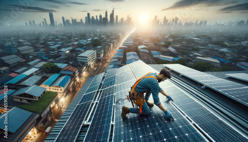 High-resolution image of an electrical technician at work on a rooftop, aligning and securing solar panels. 