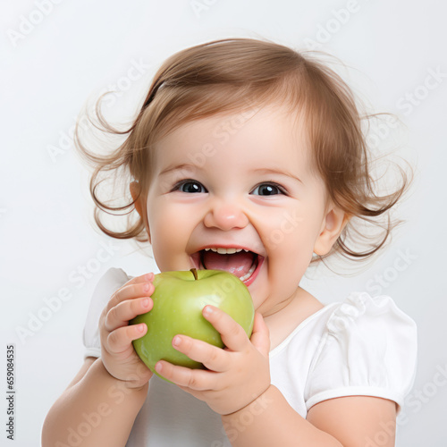 Cute baby girl eating green apple on white background. Healthy food concept