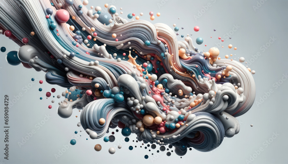 Detailed 3D render of a flowing liquid scene, featuring paint bubbles that move and morph within. The design captures the essence of fluid dynamics