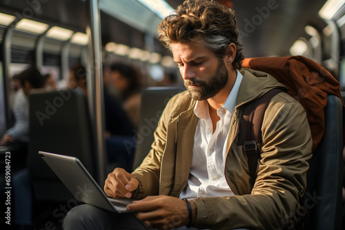 Handsome young man using a laptop while sitting in a train. ia generated © ImagineStock