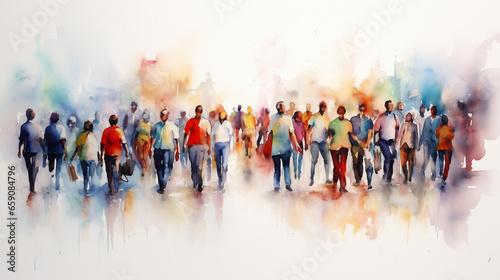 Crowd of people panorama, abstract watercolor painting with bright and bold colors, meeting on the street. Beautiful artistic image for poster, wallpaper, art print. 