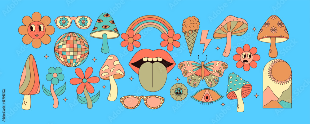 Groovy cartoon hippy set of colorful mushrooms, sun, flower, lips, eyes, sunglasses and etc. Hippie 60s, 70s style. Vector illustration