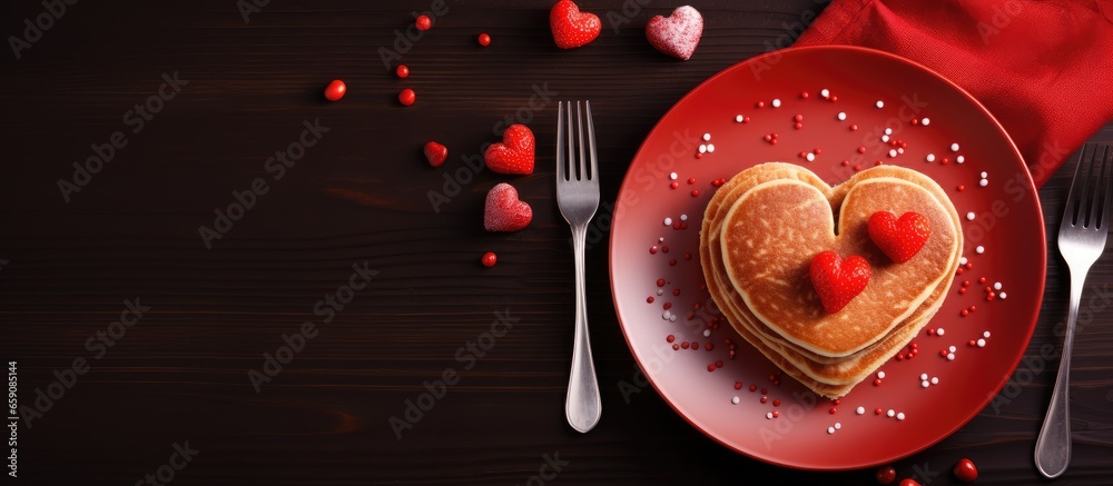 Valentine s Day themed breakfast with heart shaped pancakes strawberries and red background Top view flat lay plenty of space for text - obrazy, fototapety, plakaty 
