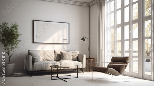 Light living room interior with couch and armchair with panoramic window