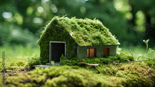 An eco-friendly house, a paper home half-covered in moss, sits on the grass in a garden