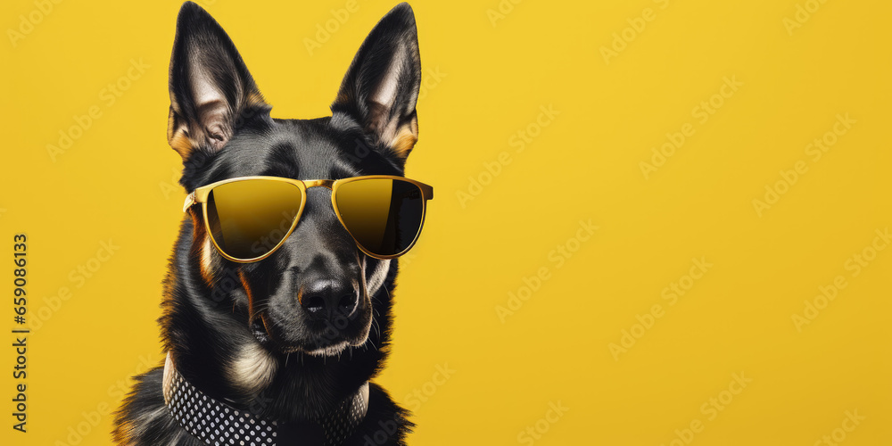 A German Shepherd, dressed as a security officer, stands confidently with sunglasses, offering wide banner space for text. A German Shepherd, dressed as a security officer, stands confidently with sunglasses, offering wide banner space for text.
