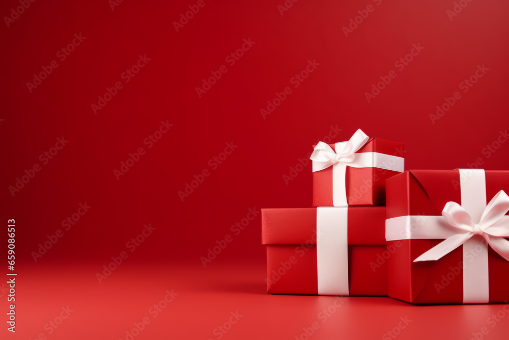 Wrapped gifts in festive red with golden ribbons for holiday celebrations and special occasions, generative ai Wrapped gifts in festive red with golden ribbons for holiday celebrations and special occasions, generative ai