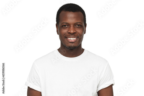 Portrait of smiling handsome african american man in blank white t-shirt