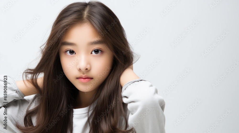 photo portrait of a beautiful young asian American model teen girl looking forward. child ad with copy space, cute, kids, children, beauty, pretty