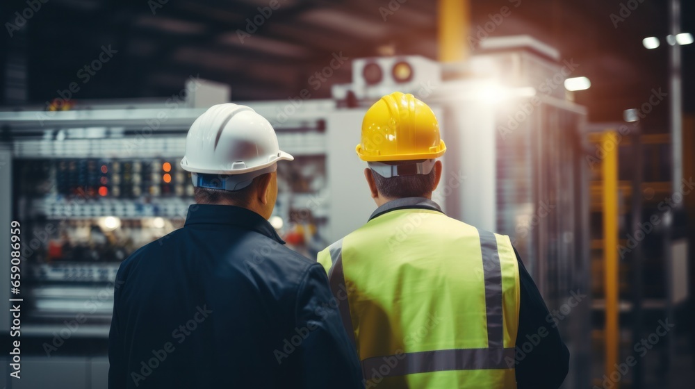 Engineers and factory managers wearing safety helmet inspect the machines in the production. inspector opened the machine to test the system to meet the standard. machine, maintenance Engineers and factory managers wearing safety helmet inspect the machines in the production. inspector opened the machine to test the system to meet the standard. machine, maintenance