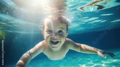 Cute smiling baby having fun swimming and diving in the pool at the resort on summer vacation. Sun shines under water and sparkling water reflection. Activities and sports to happy kid © pinkrabbit