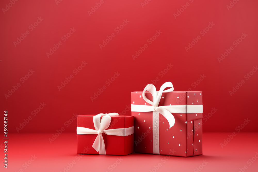 Wrapped gifts in festive red with golden ribbons for holiday celebrations and special occasions, generative ai Wrapped gifts in festive red with golden ribbons for holiday celebrations and special occasions, generative ai