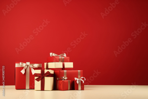 Wrapped gifts in festive red with golden ribbons for holiday celebrations and special occasions, generative ai © Phanida