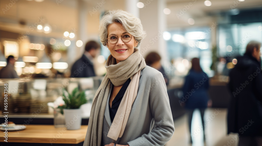 This image features a happy mature woman in an elegant coat, enjoying her shopping spree during a mall sale.