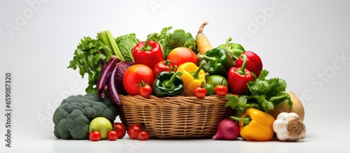 Basket filled with fresh vegetables on a white background