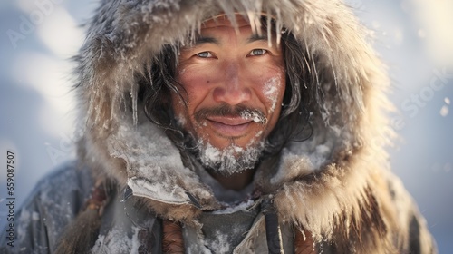 A man wearing a warm Eskimo fur jacket and hood close-up against the backdrop of a winter landscape 