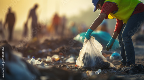 Close-up of a young volunteer, emphasizing global pollution concerns while cleaning up trash.Pollution Concept