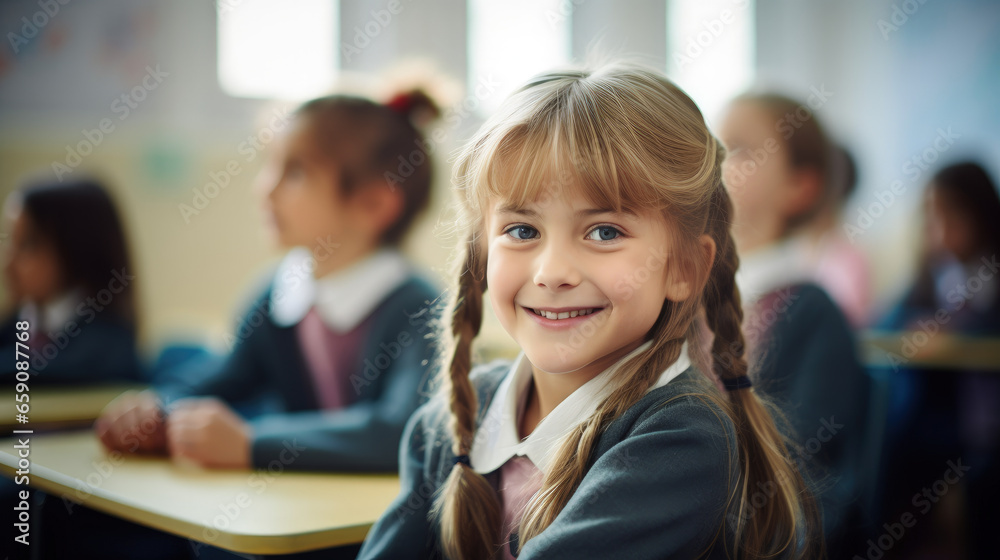 In her classroom, a primary school girl wears a joyful smile, expressing her happiness. In her classroom, a primary school girl wears a joyful smile, expressing her happiness.