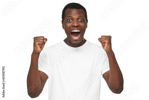 Canvastavla Shouting african american man celebrating win of his team, clenching fists in jo