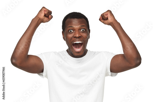 Canvas Print Screaming african american man, fan celebrating win of his team, clenching fists