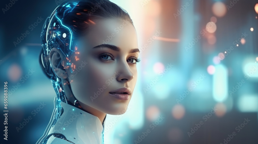 In this image, a futuristic AI android robot and a female cyborg coexist, embodying advanced technology and the AI chatbot ChatGPT concept. - obrazy, fototapety, plakaty 