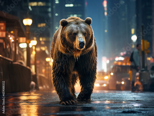 A Photo of a Bear on the Street of a Major City at Night
