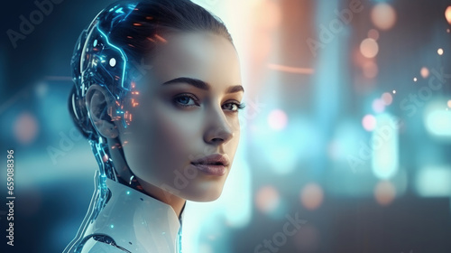 In this image, a futuristic AI android robot and a female cyborg coexist, embodying advanced technology and the AI chatbot ChatGPT concept.