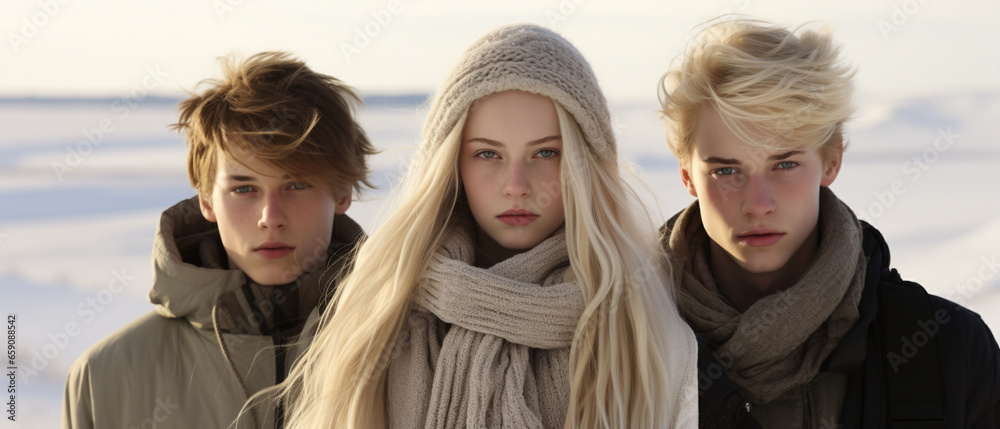 portrait of blond friends in a winter landscape - obrazy, fototapety, plakaty 
