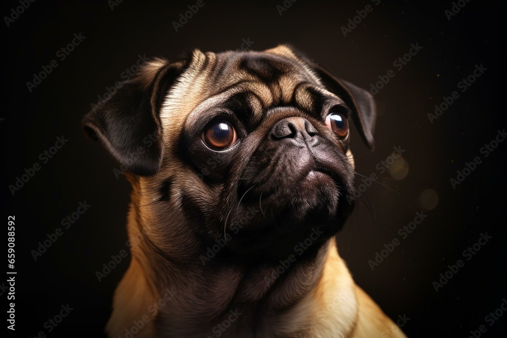 adorable pug on dark backdrop. Generative AI