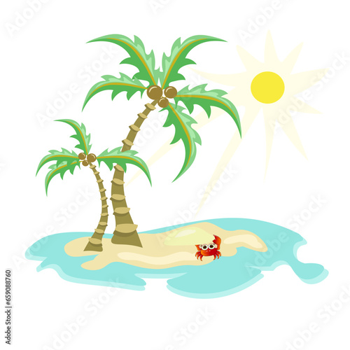 Vector illustration of small desert island with a palm trees  coconuts  sand  and crab.   ropical nature  sun in background. Template for social media posts  stories  banners  applications  covers