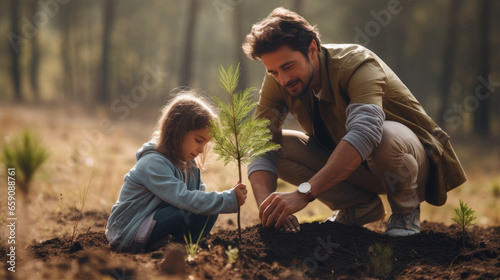 a father plants a tree with his daughter in a forest, Generated by AI