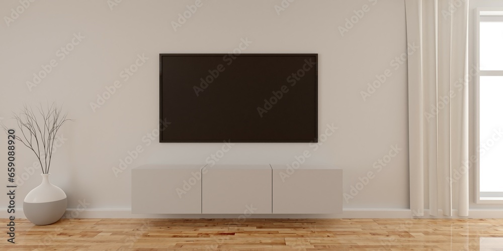 Modern empty interior room with large tv flat screen on white wall background, wood floor and large window, interior architecture design template with copy space Modern empty interior room with large tv flat screen on white wall background, wood floor and large window, interior architecture design template with copy space