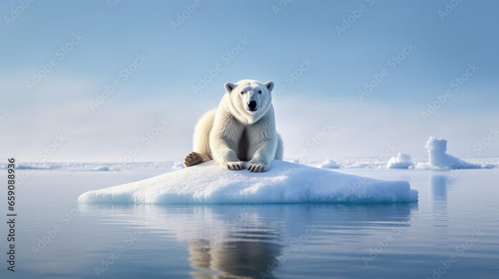 A poignant portrait featuring a majestic polar bear standing alone on a solitary ice floe, symbolizing the harsh realities of global warming. A poignant portrait featuring a majestic polar bear standing alone on a solitary ice floe, symbolizing the harsh realities of global warming.