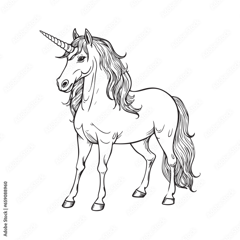 Black and white illustration of unicorn silhouette vector illustration on white background
