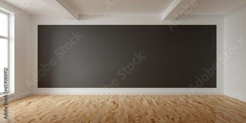 Fototapeta Naklejka Na Ścianę i Meble -  Modern empty interior room with dark grey colored wall background, wood floor and large window, interior architecture design template with copy space