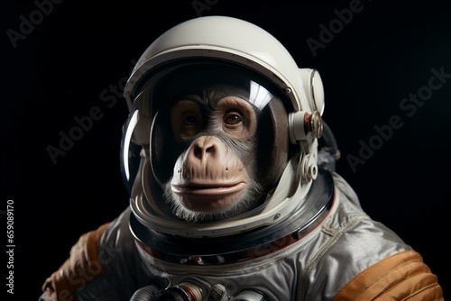 an image showing a monkey wearing astronaut clothing in outer space. Generative AI