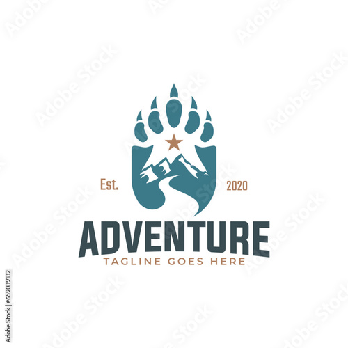 Initial U with bear paw Mountain Landscape logo design, rocky mountain outdoor claw road star