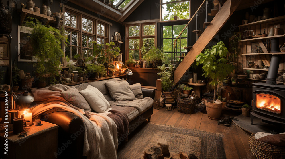 A charming cottage living room with a wood-burning stove, soft blankets, and a cat playfully chasing its tail while a dog peacefully naps nearby