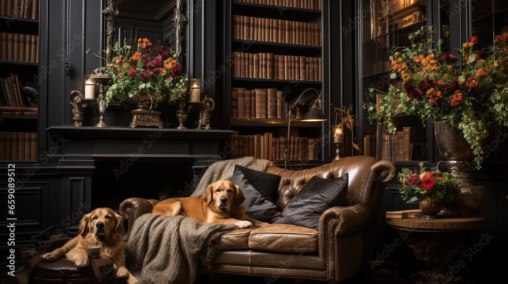 An elegant library with a classic fireplace, where a cat reclines on a leather armchair, and a dog enjoys the warmth from a sumptuous velvet chaise lounge