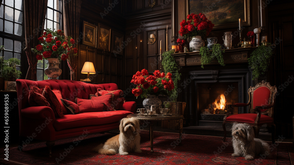 A historic manor's drawing room with an ornate fireplace, a regal cat on an antique settee, and a dog resting majestically on a Persian rug