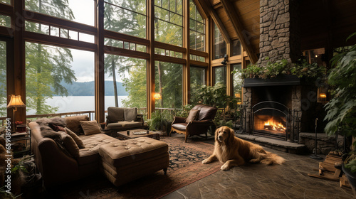A lakeside cabin's great room with a massive stone fireplace, a cat nestled in a wicker chair, and a dog resting on a bear-themed rug, all in perfect harmony with nature's beauty © Наталья Евтехова