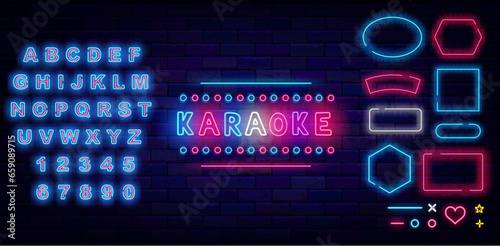 Karaoke neon label. Simple signboard. Talent song show. Shiny blue alphabet. Geometric frames. Vector stock illustration