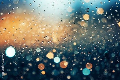 Close-up of sparkling rain on blurry background with droplets and bubbles. Generative AI