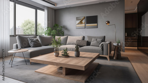 Modern living room with grey sofa and wooden coffee table © artchvit