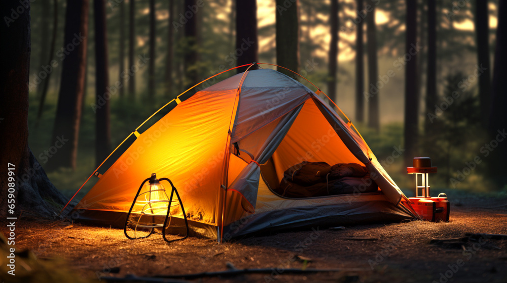 Camping tent in the woods with lamp powered by solar energy at sunset. Travel supporting the concept of sustainable development. Banner.