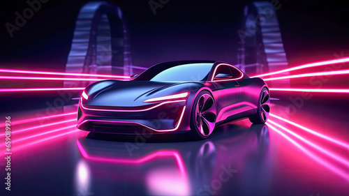 Electric car with neon lights, purple, pink colour, futuristic banner on a dark background.. © 18042011
