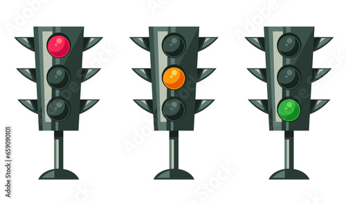 Traffic light semaphore different road signal isolated set. Vector flat graphic design illustration
