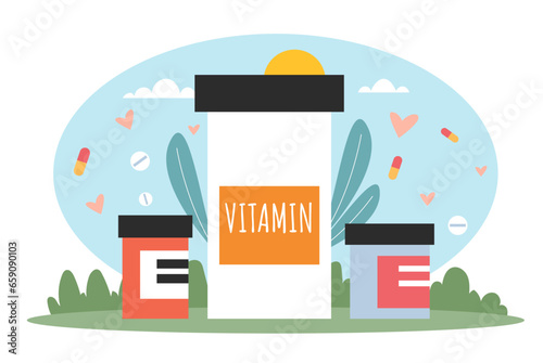 Vitamin bottle medicine medical drug food supplement nutrition concept. Vector flat graphic design illustration