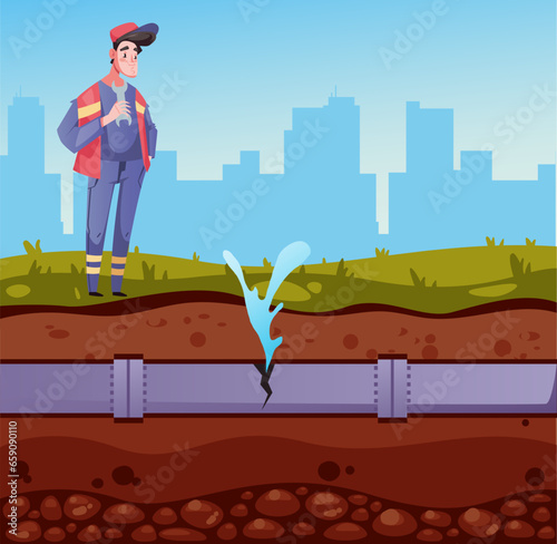 Broken city water pipe pipeline burst break plumbing concept. Vector flat graphic design illustration
