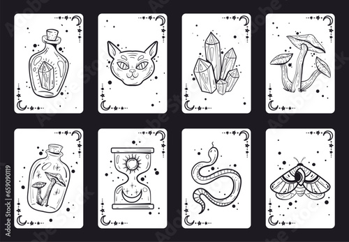 Tarot cards magic astrology symbol witch mystic game concept. Vector flat graphic design illustration
